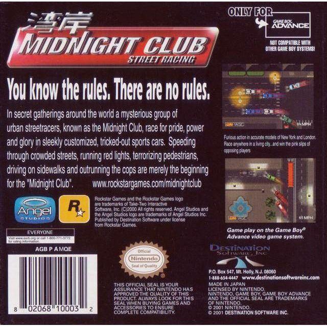 GBA - Midnight Club : destination des courses de rue